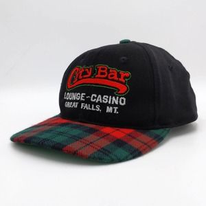 City Bar Lounge Casino Plaid Snapback Trucker Hat Two Tone Cap Black Vintage